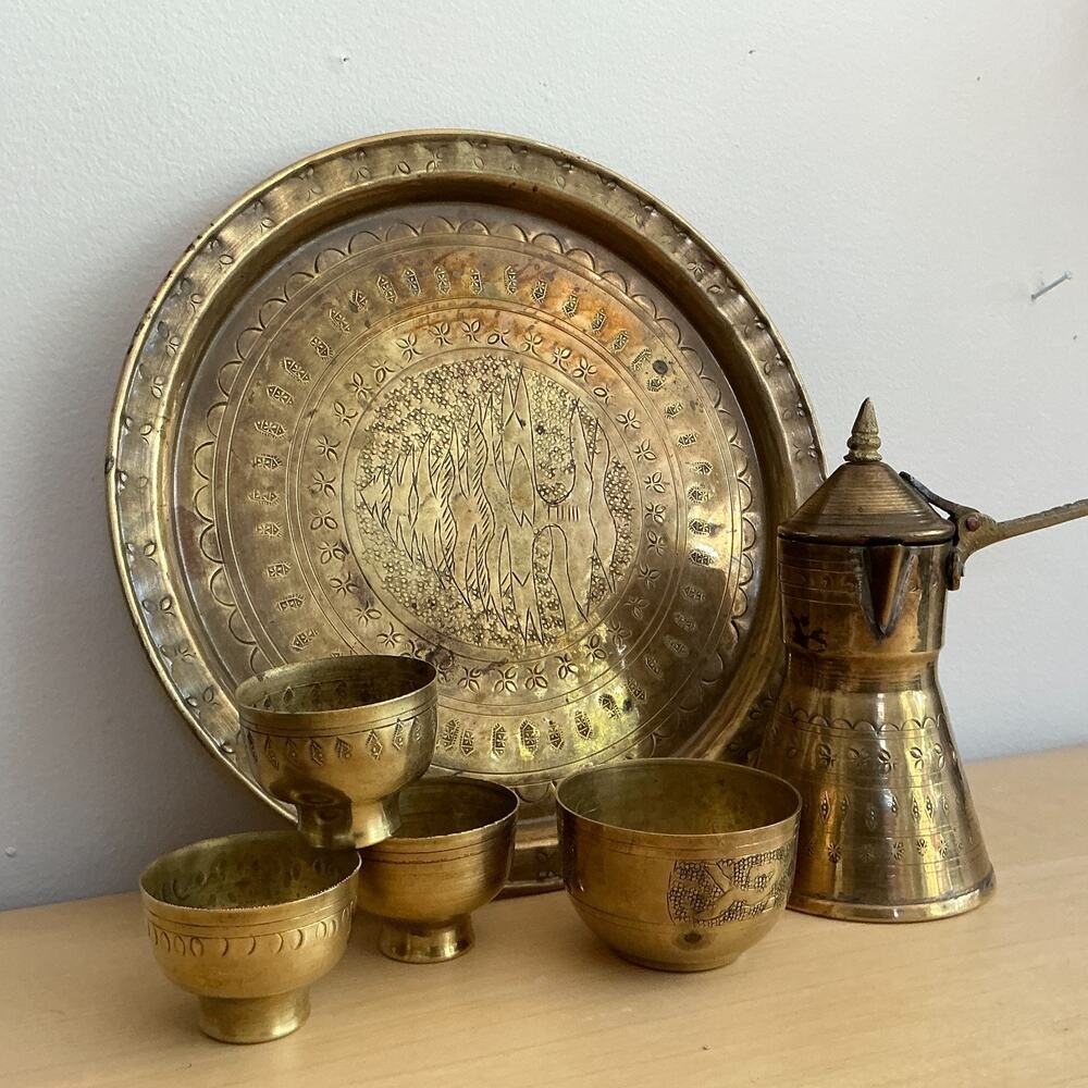 Vintage Tartoussi Lebanon Arabic Brass Coffee Set Tray Dallah Pot 4 Cup Handmade
